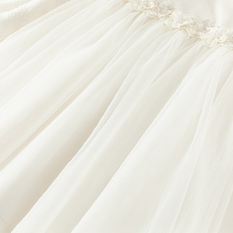 فستان بنات طويل الأكمام من التول باللون البيج بأسلوب أميرة مع تطريز فاخر