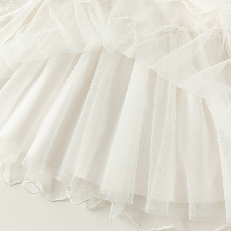 فستان بنات طويل الأكمام من التول باللون البيج بأسلوب أميرة مع تطريز فاخر