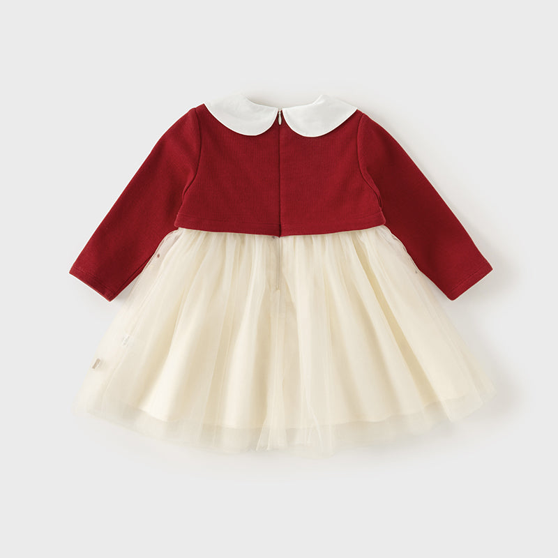 فستان بنات بأكمام طويلة من قماش محبوك باللون الخمري مع تنورة تول بأسلوب أميرة