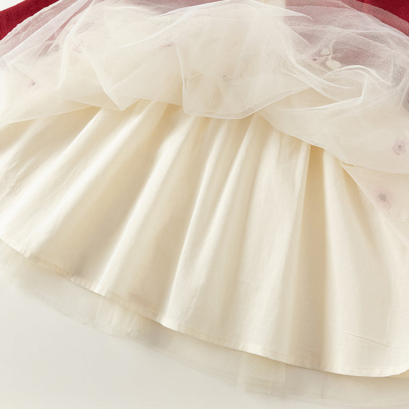 فستان بنات بأكمام طويلة من قماش محبوك باللون الخمري مع تنورة تول بأسلوب أميرة