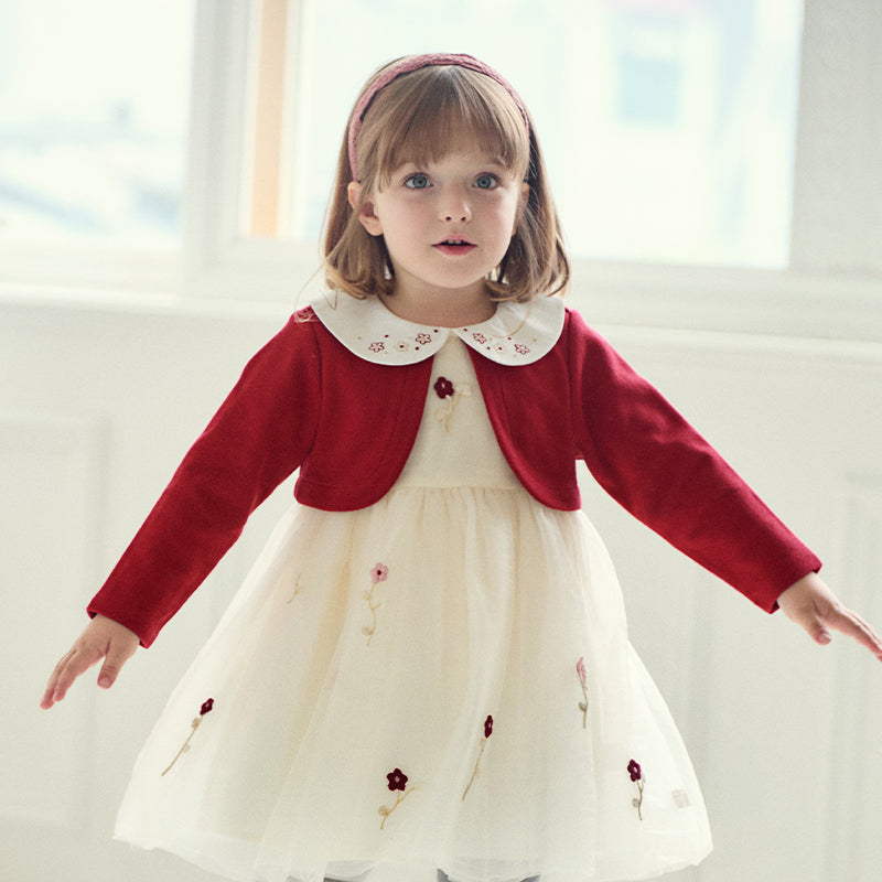 فستان بنات بأكمام طويلة من قماش محبوك باللون الخمري مع تنورة تول بأسلوب أميرة