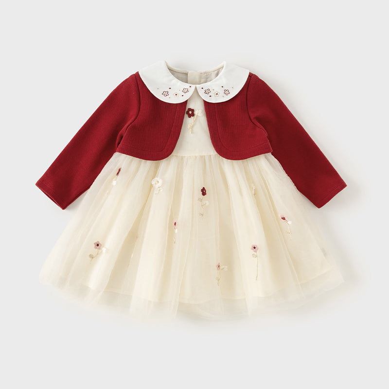 فستان بنات بأكمام طويلة من قماش محبوك باللون الخمري مع تنورة تول بأسلوب أميرة