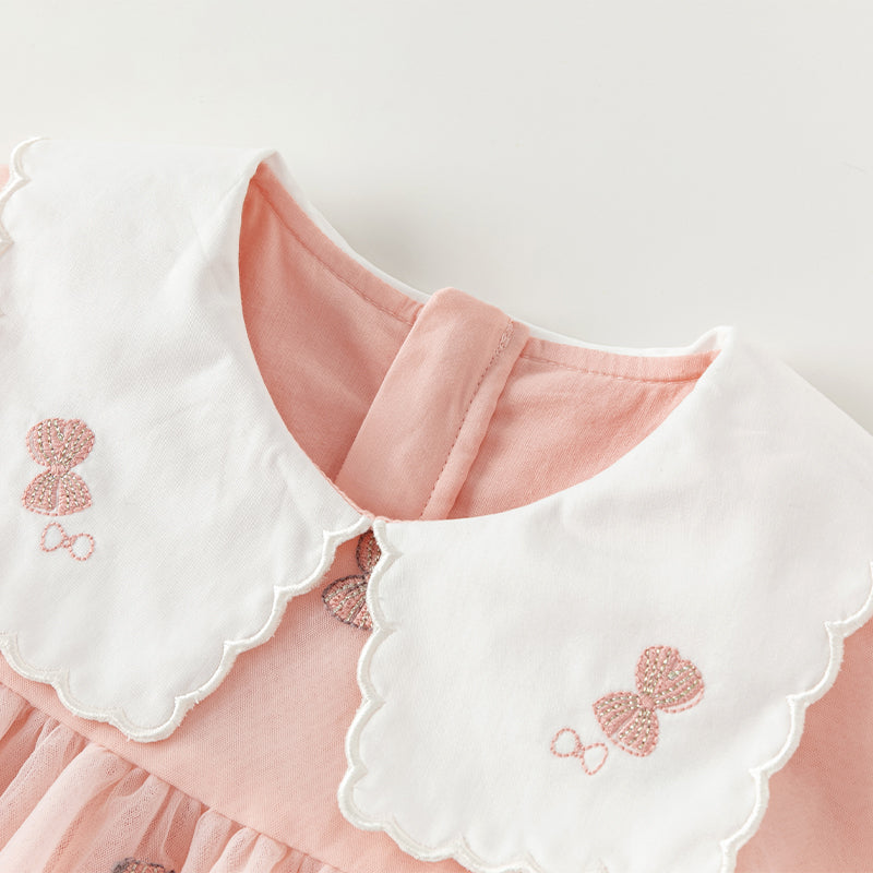 فستان بنات طويل الأكمام من التول باللون الوردي بأسلوب لطيف