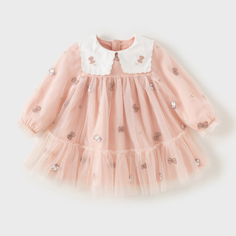 فستان بنات طويل الأكمام من التول باللون الوردي بأسلوب لطيف