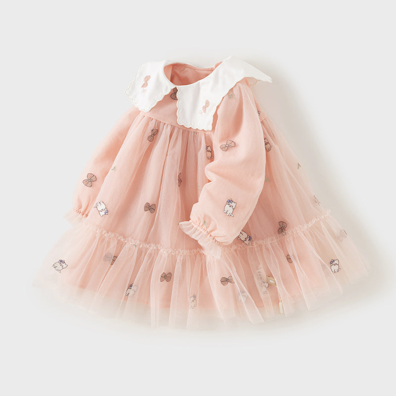 فستان بنات طويل الأكمام من التول باللون الوردي بأسلوب لطيف