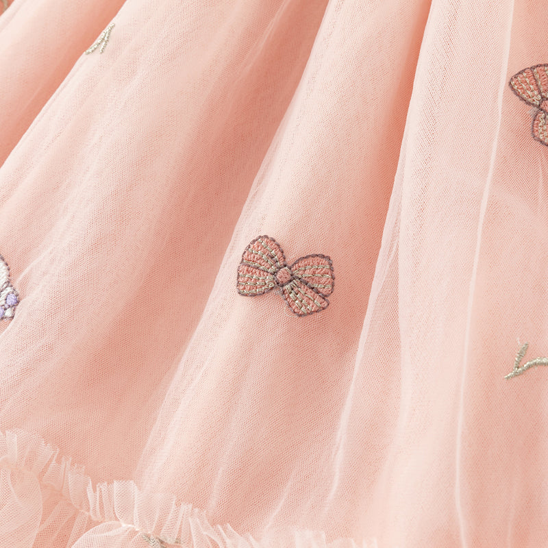 فستان بنات طويل الأكمام من التول باللون الوردي بأسلوب لطيف