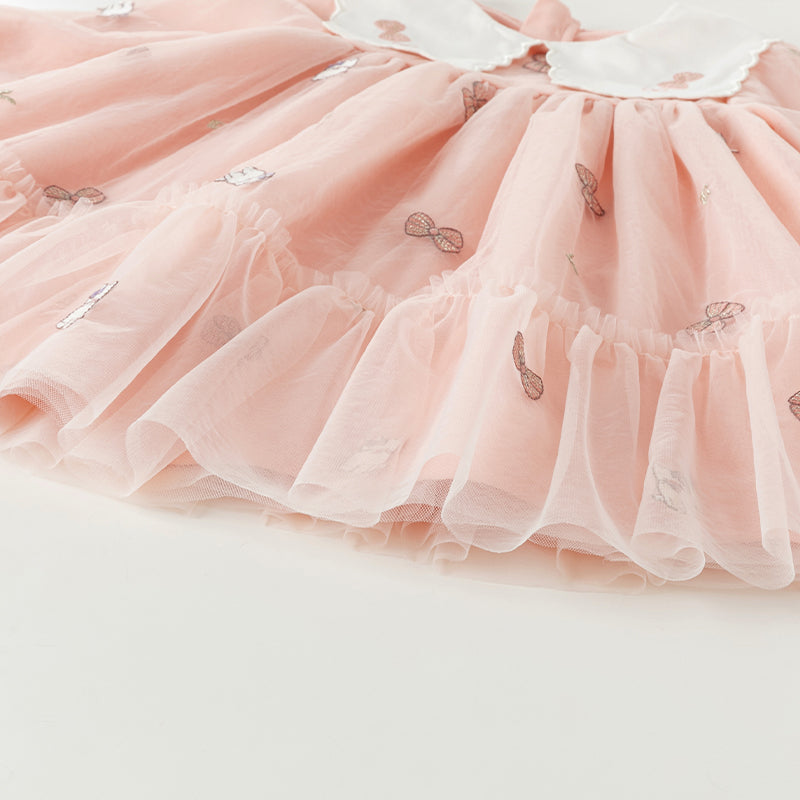 فستان بنات طويل الأكمام من التول باللون الوردي بأسلوب لطيف