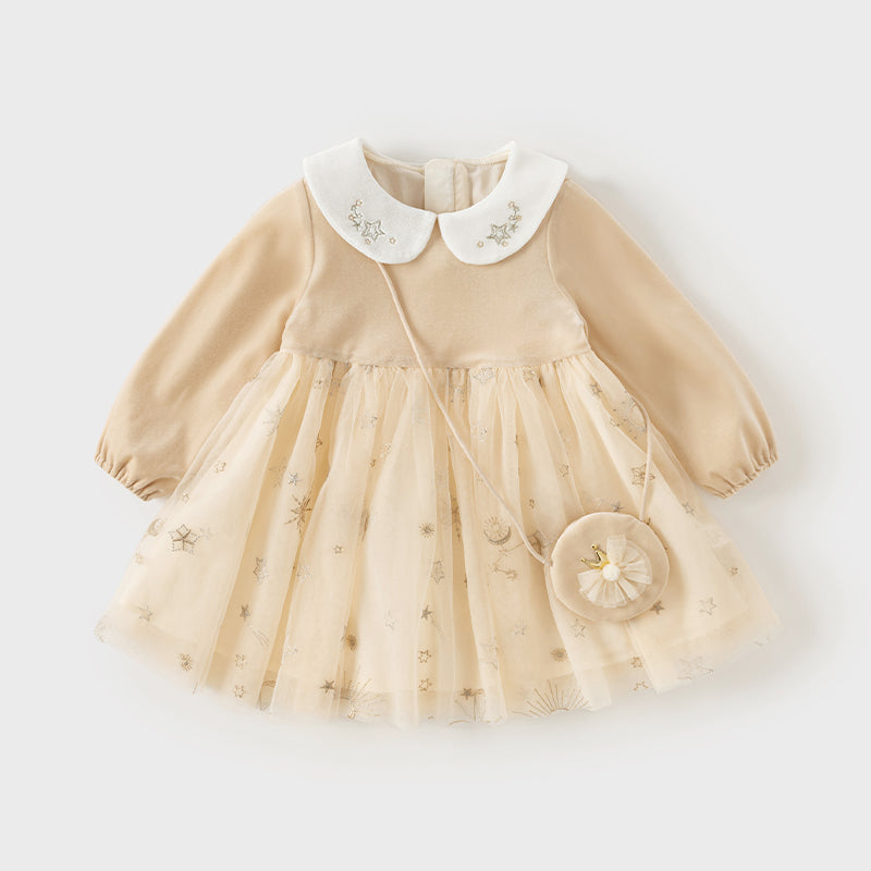 فستان بنات بأكمام طويلة مخمل مشمشي تنورة تول بنقشة نجمية تصميم أميري