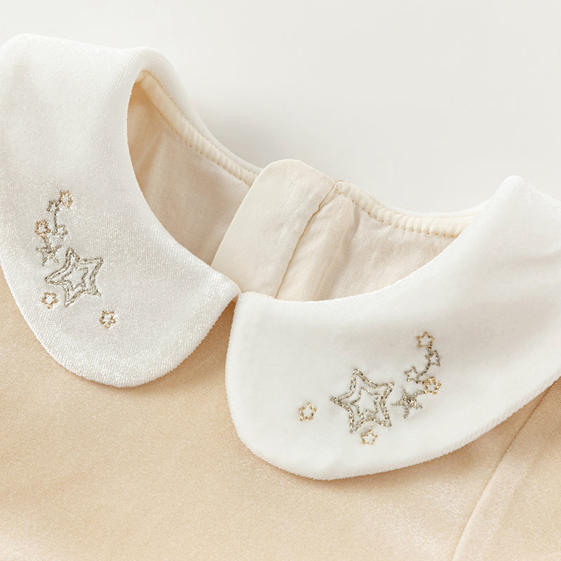 فستان بنات بأكمام طويلة مخمل مشمشي تنورة تول بنقشة نجمية تصميم أميري