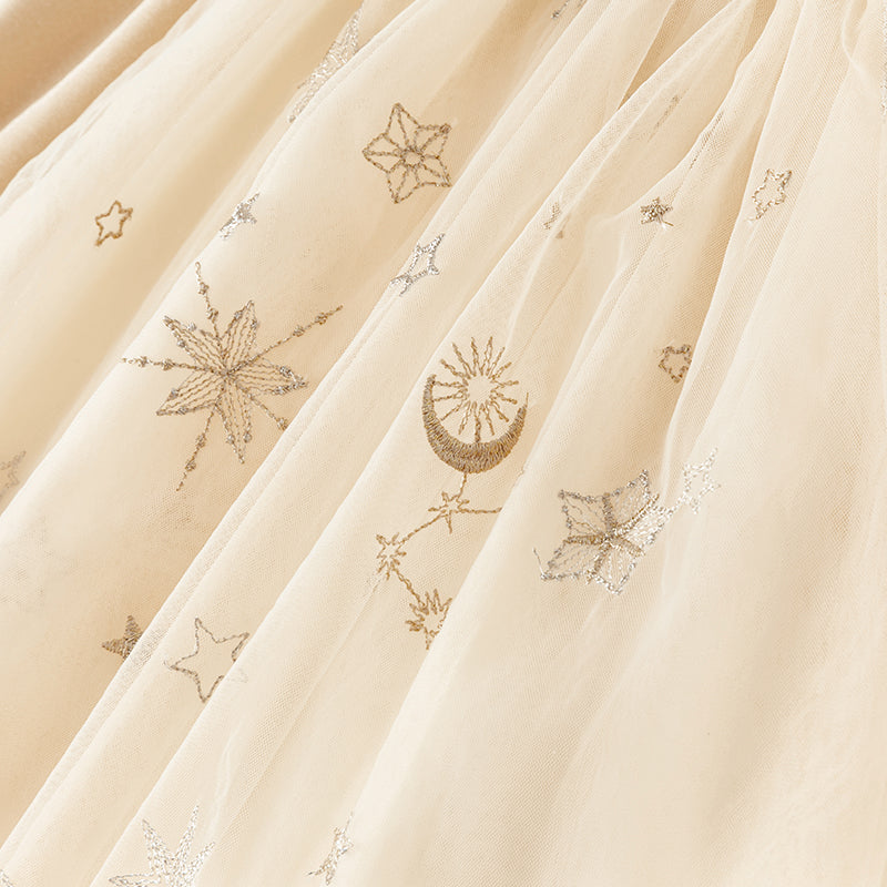 فستان بنات بأكمام طويلة مخمل مشمشي تنورة تول بنقشة نجمية تصميم أميري