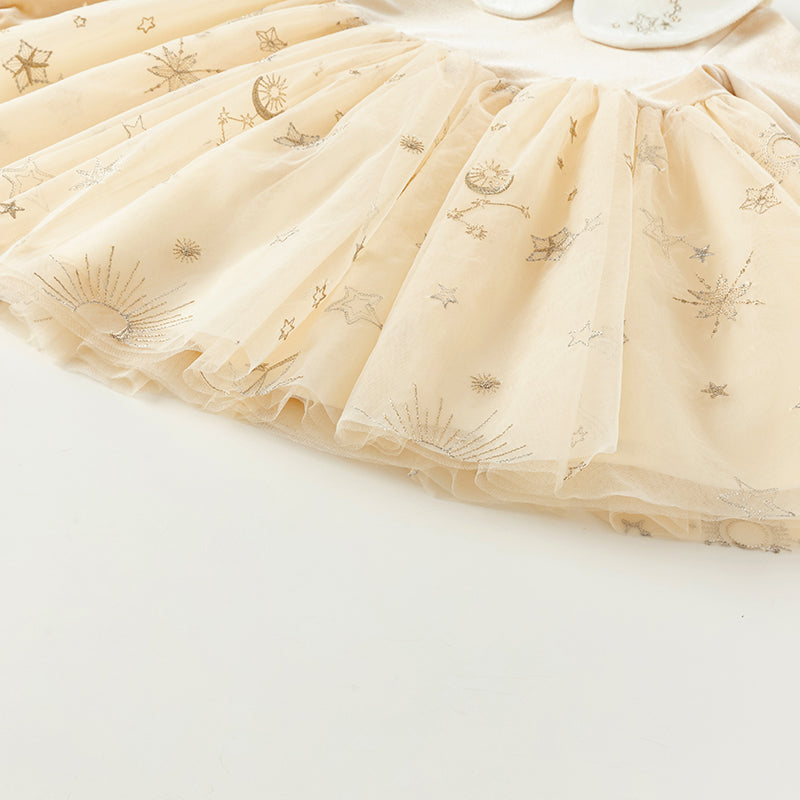 فستان بنات بأكمام طويلة مخمل مشمشي تنورة تول بنقشة نجمية تصميم أميري