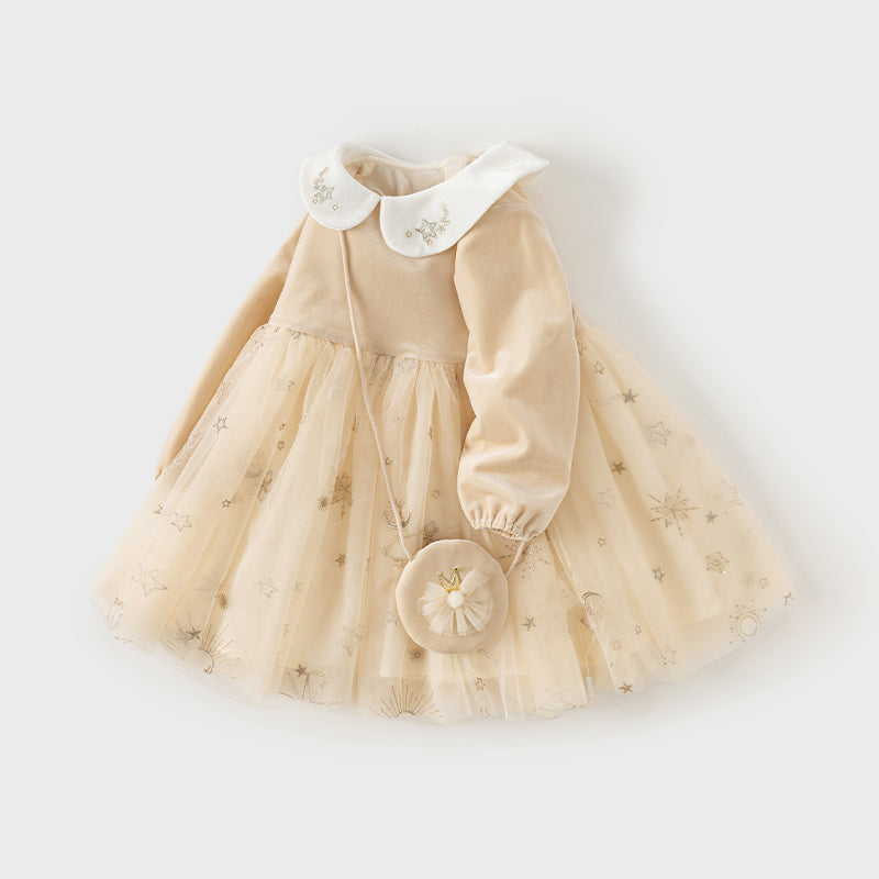 فستان بنات بأكمام طويلة مخمل مشمشي تنورة تول بنقشة نجمية تصميم أميري