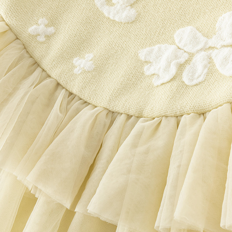 فستان بنات بأكمام طويلة باللون الأصفر بقماش محبوك وتنورة تول، ستايل كاجوال راقٍ