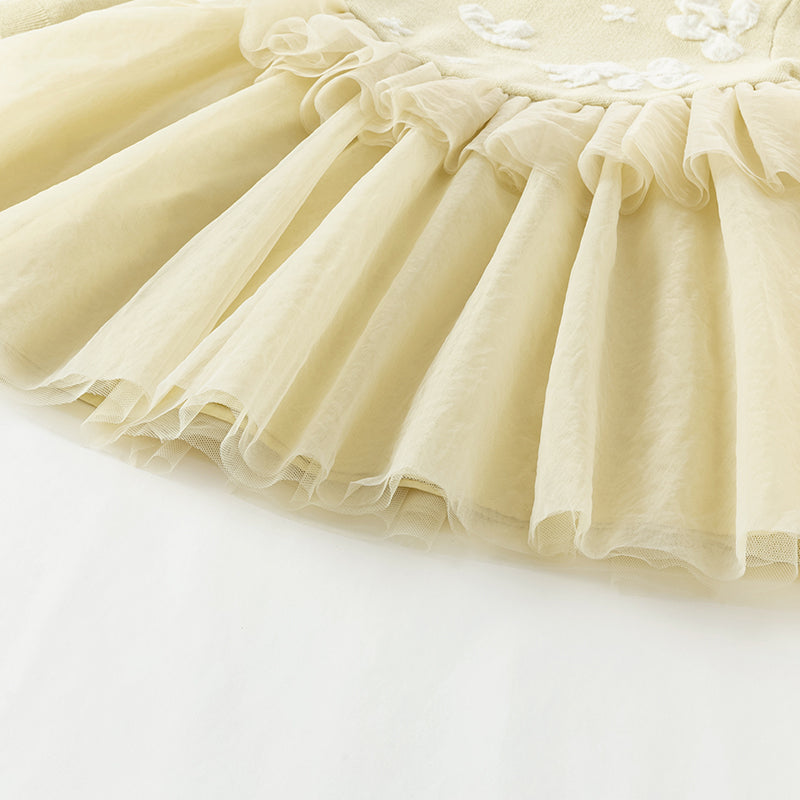 فستان بنات بأكمام طويلة باللون الأصفر بقماش محبوك وتنورة تول، ستايل كاجوال راقٍ