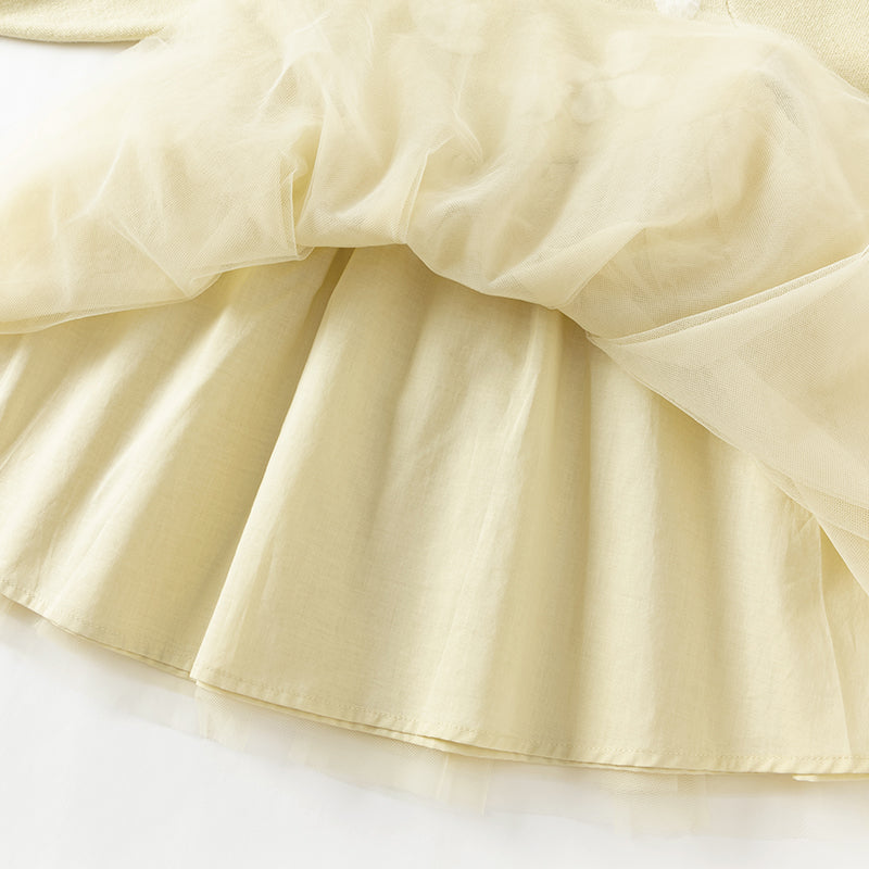 فستان بنات بأكمام طويلة باللون الأصفر بقماش محبوك وتنورة تول، ستايل كاجوال راقٍ