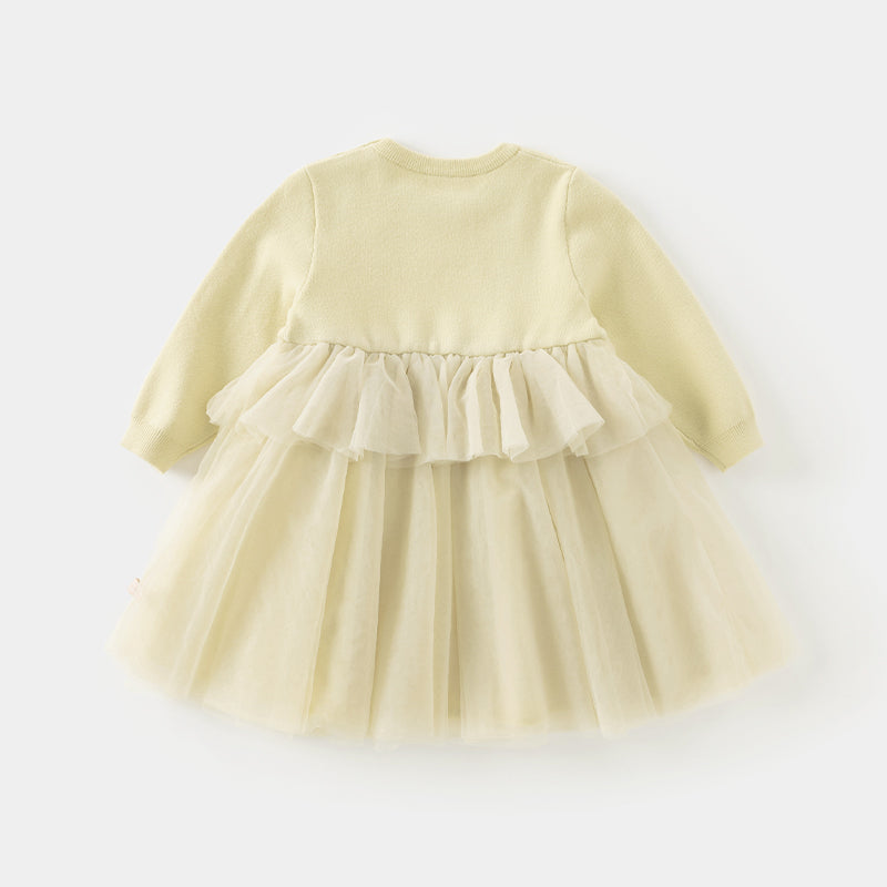 فستان بنات بأكمام طويلة باللون الأصفر بقماش محبوك وتنورة تول، ستايل كاجوال راقٍ