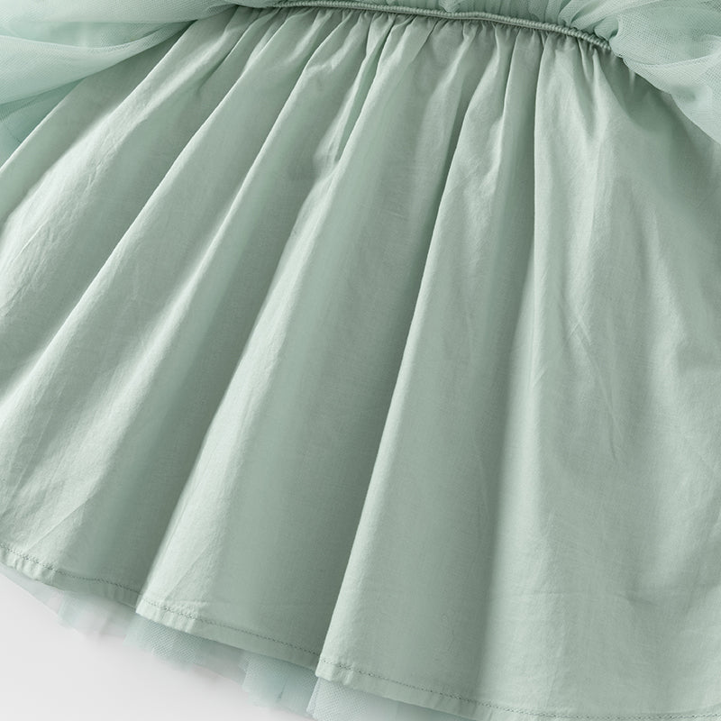 فستان بنات بأكمام طويلة باللون الأخضر المائي من قماش محبوك وتنورة تول تصميم أميري