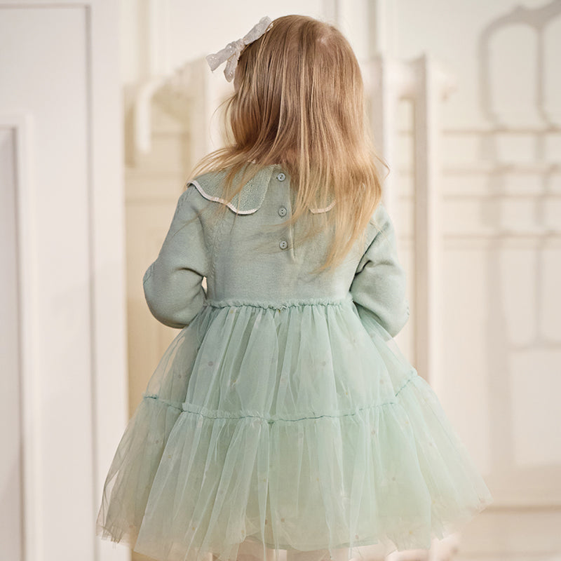 فستان بنات بأكمام طويلة باللون الأخضر المائي من قماش محبوك وتنورة تول تصميم أميري