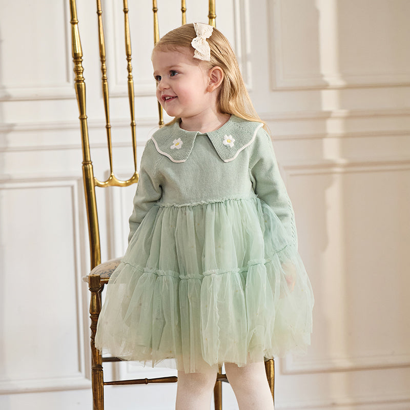 فستان بنات بأكمام طويلة باللون الأخضر المائي من قماش محبوك وتنورة تول تصميم أميري