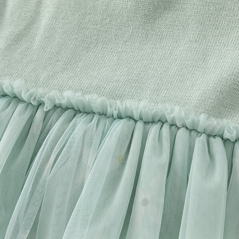 فستان بنات بأكمام طويلة باللون الأخضر المائي من قماش محبوك وتنورة تول تصميم أميري