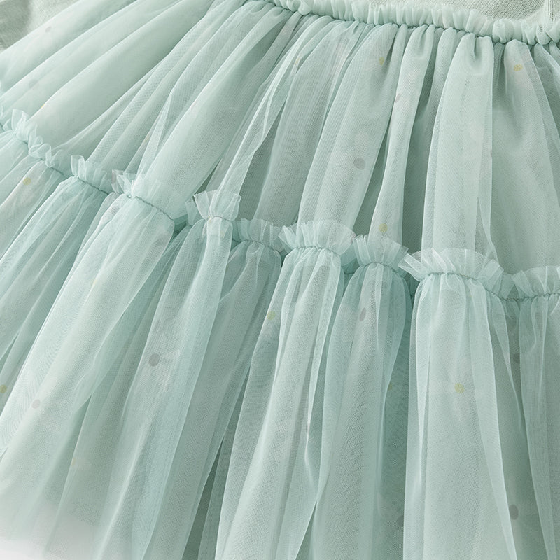 فستان بنات بأكمام طويلة باللون الأخضر المائي من قماش محبوك وتنورة تول تصميم أميري