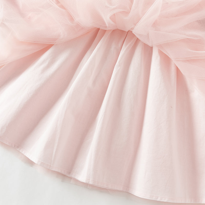 فستان بنات طويل الأكمام من قماش محبوك باللون الوردي بأسلوب لطيف مع تنورة تول بأسلوب أميرة