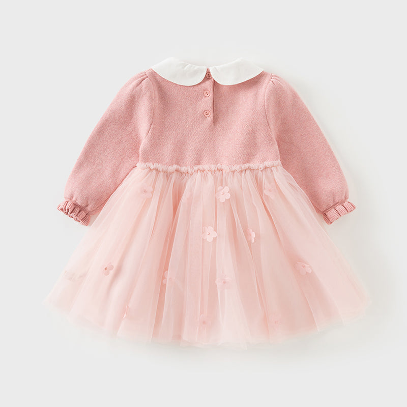 فستان بنات طويل الأكمام من قماش محبوك باللون الوردي بأسلوب لطيف مع تنورة تول بأسلوب أميرة