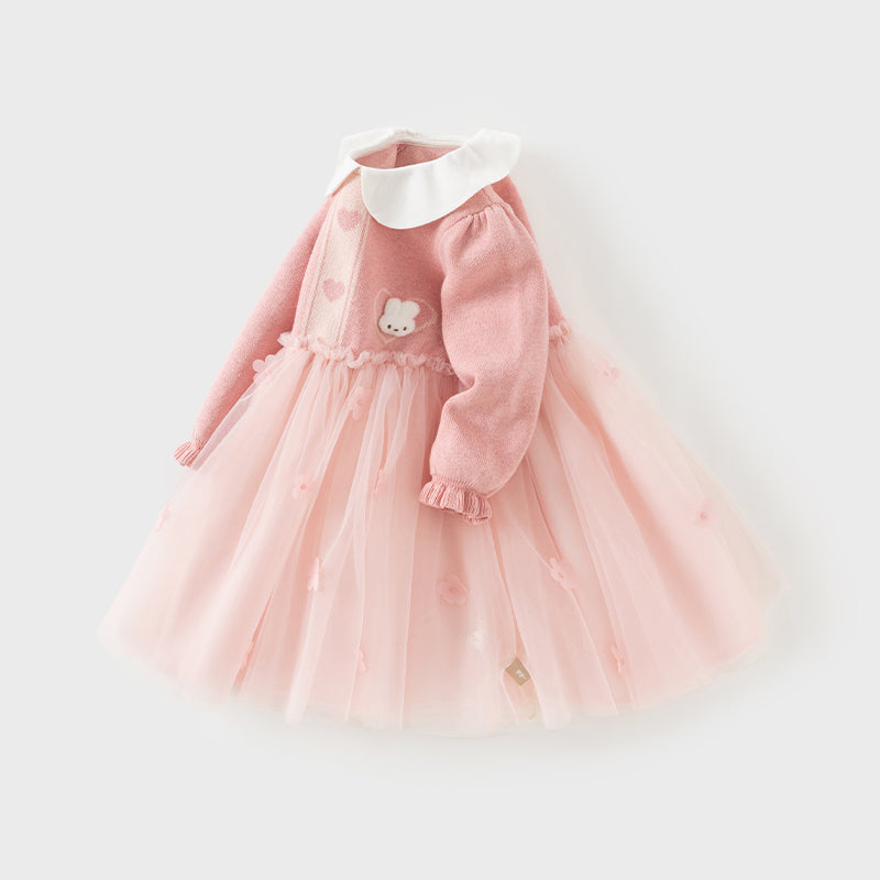 فستان بنات طويل الأكمام من قماش محبوك باللون الوردي بأسلوب لطيف مع تنورة تول بأسلوب أميرة