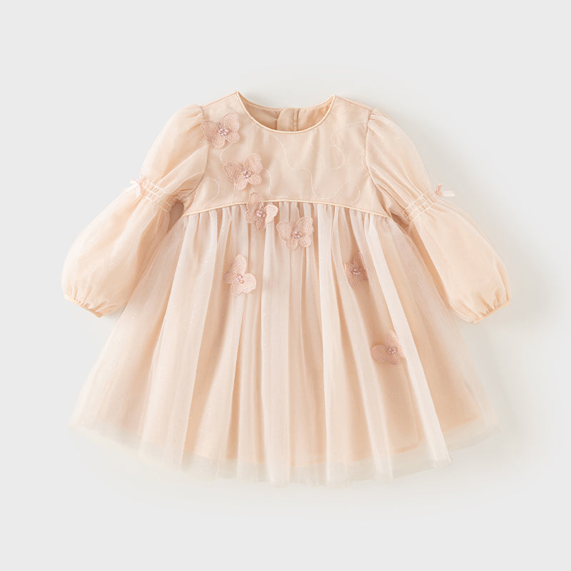 فستان للبنات الصغيرات بأكمام طويلة من التول باللون الوردي الفاتح بتصميم أميري