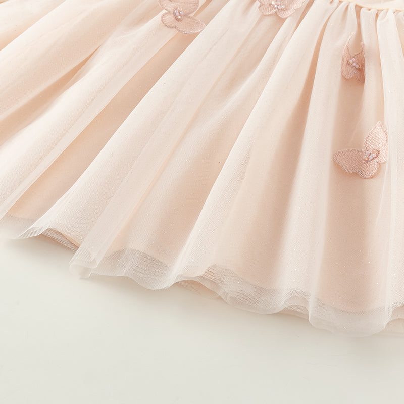 فستان للبنات الصغيرات بأكمام طويلة من التول باللون الوردي الفاتح بتصميم أميري