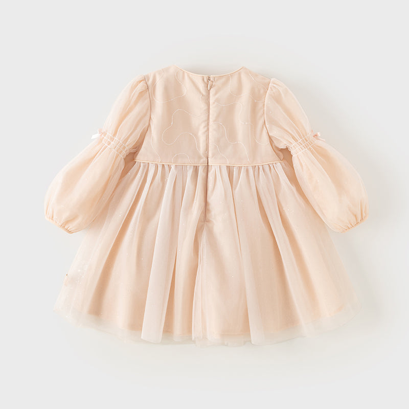 فستان للبنات الصغيرات بأكمام طويلة من التول باللون الوردي الفاتح بتصميم أميري