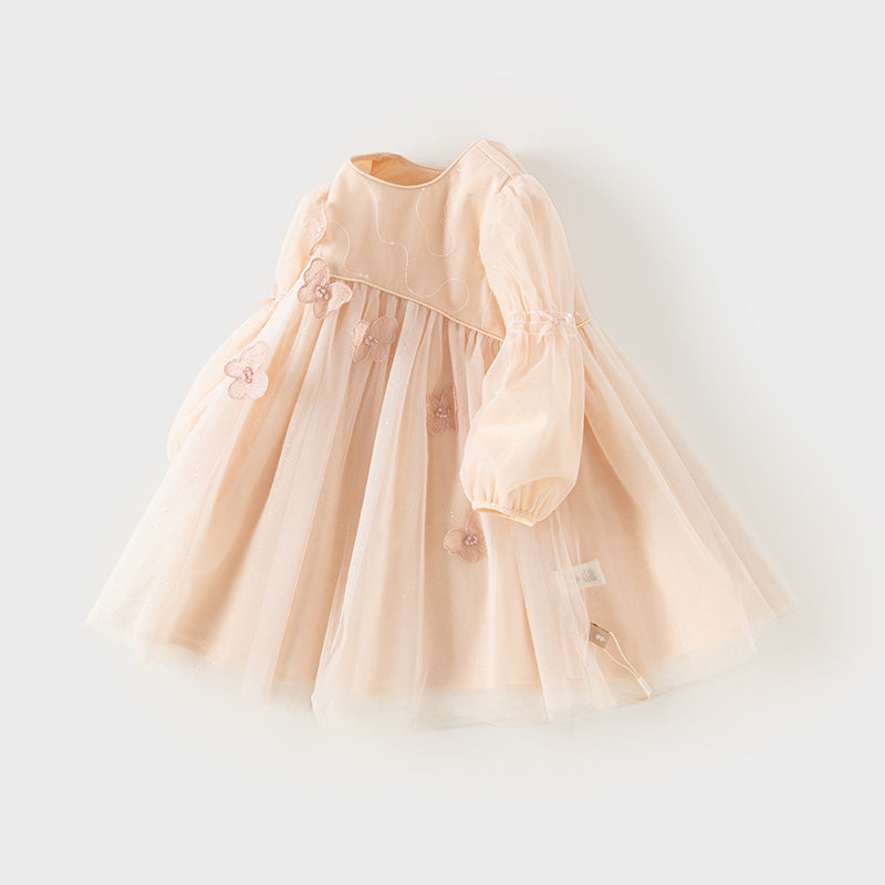 فستان للبنات الصغيرات بأكمام طويلة من التول باللون الوردي الفاتح بتصميم أميري
