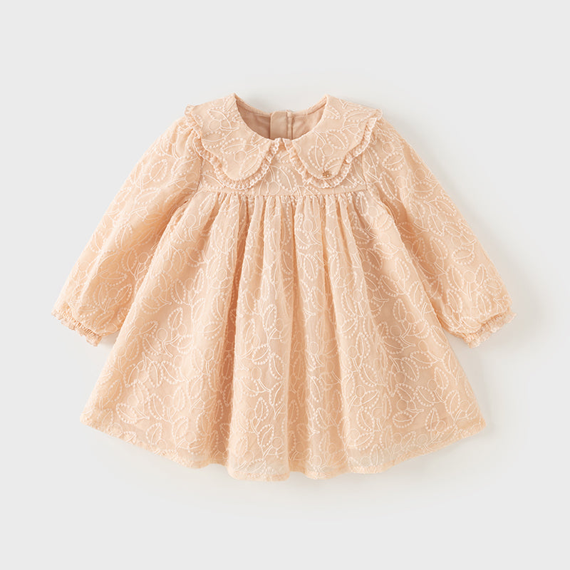 فستان بنات طويل الأكمام من التول باللون الوردي الفاتح بأسلوب أنيق