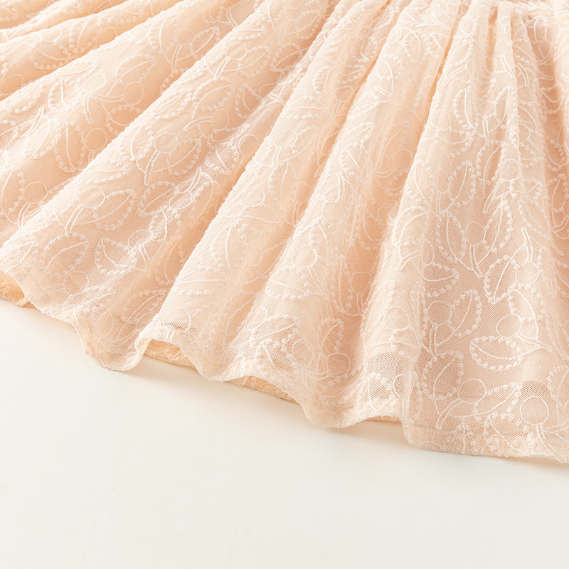 فستان بنات طويل الأكمام من التول باللون الوردي الفاتح بأسلوب أنيق