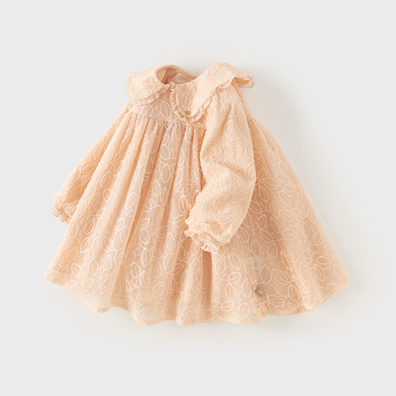 فستان بنات طويل الأكمام من التول باللون الوردي الفاتح بأسلوب أنيق