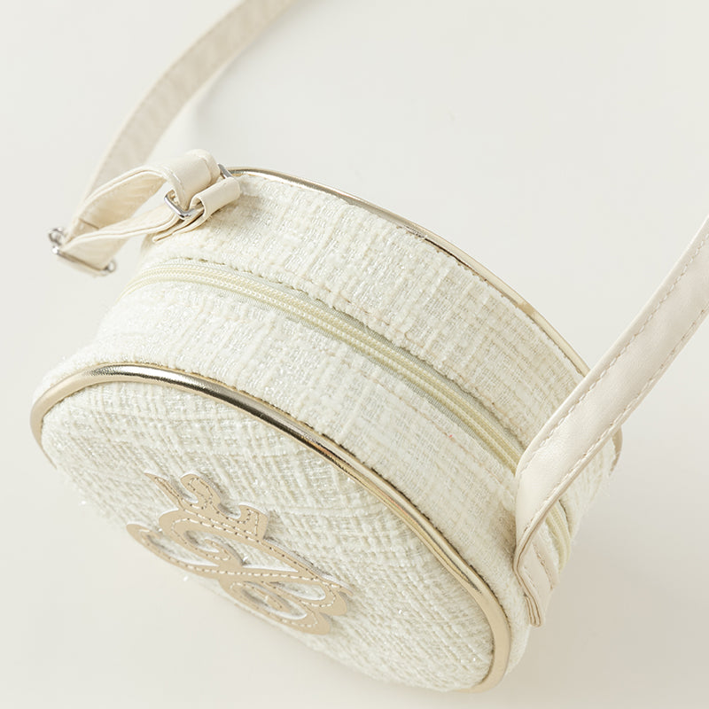 حقيبة كروس بودي أنيقة باللون الأبيض الفضي للبنات من قماش تويد بطابع أميري