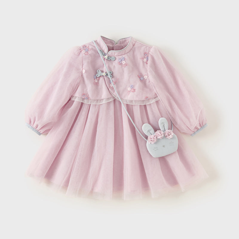 فستان بنات طويل الأكمام من التول باللون الأرجواني الوردي بأسلوب صيني عصري (يشمل حقيبة كروس)