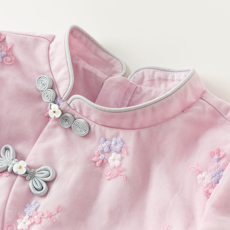 فستان بنات طويل الأكمام من التول باللون الأرجواني الوردي بأسلوب صيني عصري (يشمل حقيبة كروس)