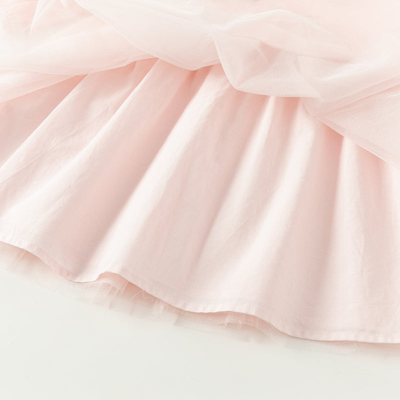 فستان بنات بأكمام طويلة من التول وردي فاتح مطبوع بالزهور تصميم صيني