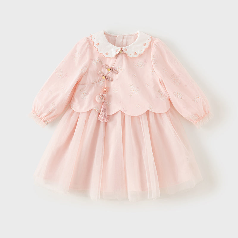 فستان بنات بأكمام طويلة من التول وردي فاتح مطبوع بالزهور تصميم صيني