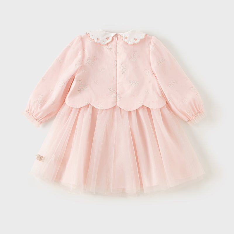 فستان بنات بأكمام طويلة من التول وردي فاتح مطبوع بالزهور تصميم صيني