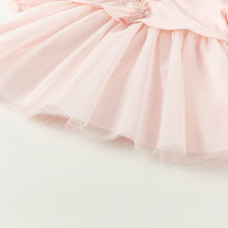 فستان بنات بأكمام طويلة من التول وردي فاتح مطبوع بالزهور تصميم صيني