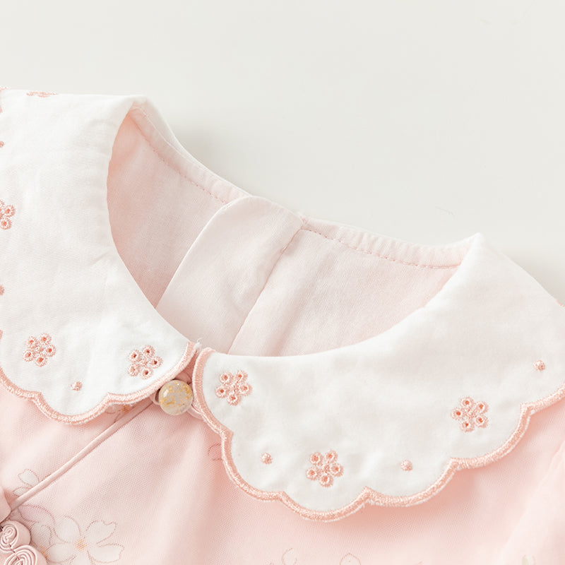 فستان بنات بأكمام طويلة من التول وردي فاتح مطبوع بالزهور تصميم صيني