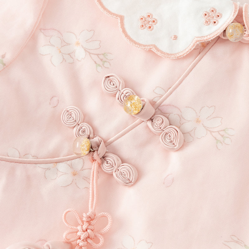 فستان بنات بأكمام طويلة من التول وردي فاتح مطبوع بالزهور تصميم صيني