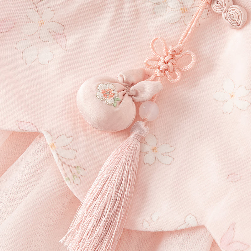 فستان بنات بأكمام طويلة من التول وردي فاتح مطبوع بالزهور تصميم صيني