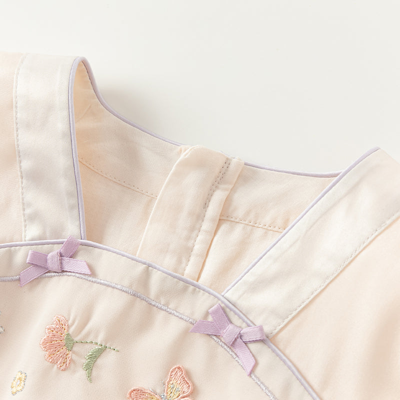 فستان بنات طويل الأكمام من التول باللون البنفسجي الغباري بأسلوب صيني عصري