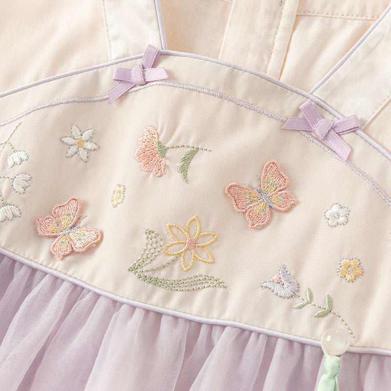 فستان بنات طويل الأكمام من التول باللون البنفسجي الغباري بأسلوب صيني عصري