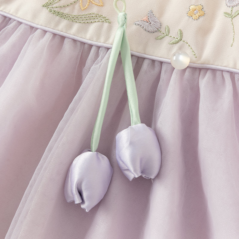 فستان بنات طويل الأكمام من التول باللون البنفسجي الغباري بأسلوب صيني عصري