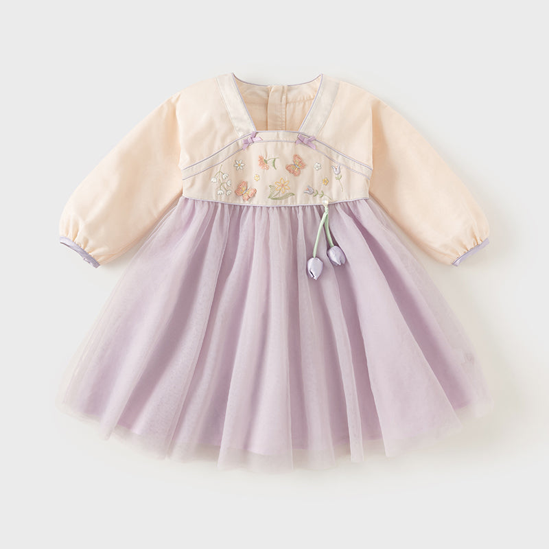 فستان بنات طويل الأكمام من التول باللون البنفسجي الغباري بأسلوب صيني عصري