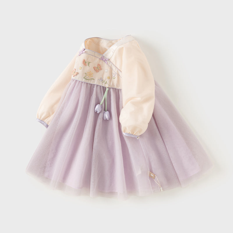 فستان بنات طويل الأكمام من التول باللون البنفسجي الغباري بأسلوب صيني عصري